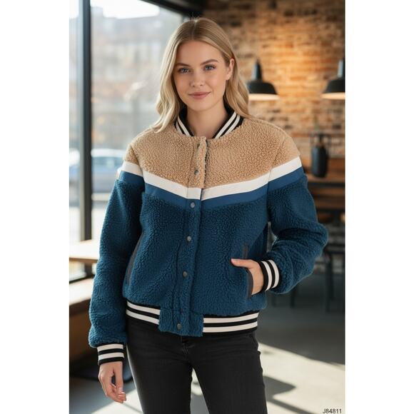 Celebrity Pink Jacket Faux Fur Varsity Bomber Teddy Coat Green Beige Women Sz L - Picture 3 of 16